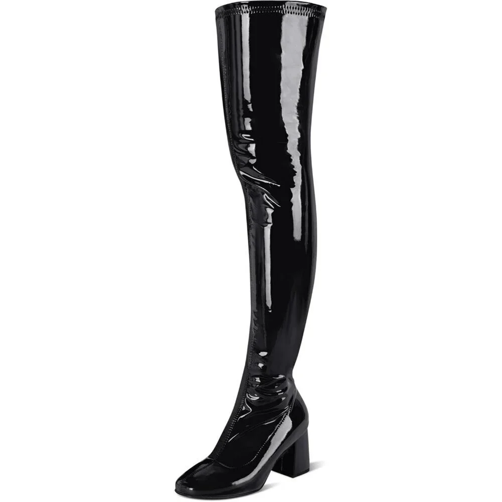 Women Black Patent Leather PU Chunky Heel Over The Knee Square Toe Long Boot